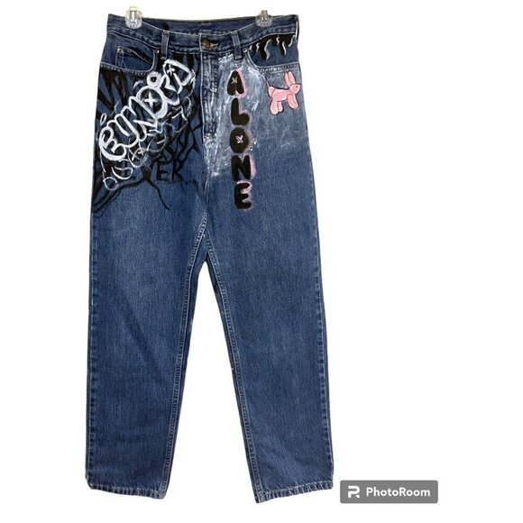 Vintage Upcycled Graffiti Jeans 10 High Rise Taper 30 x 28 Distressed Destroyed - Picture 4 of 14
